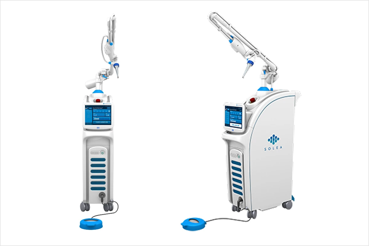 Two views of the Solea dental laser featuring blue SOLEA branding. Bright studio lighting on a white background highlights the sleek medical device.